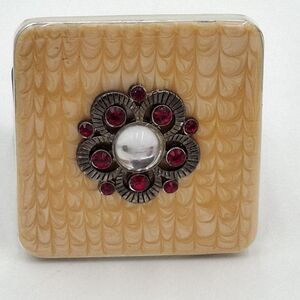 VTG Trinket  Jewelry Ring Box  Silver w Yellow Lid Red Stones Floral Design